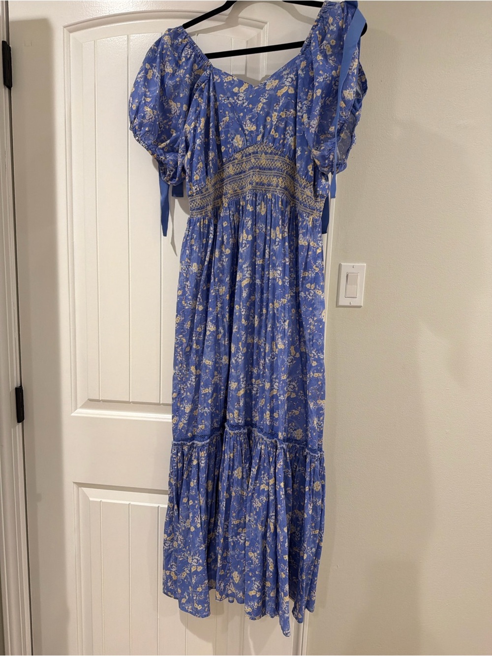 LoveShackFancy Blue Floral Maxi Dress with Cream Accents